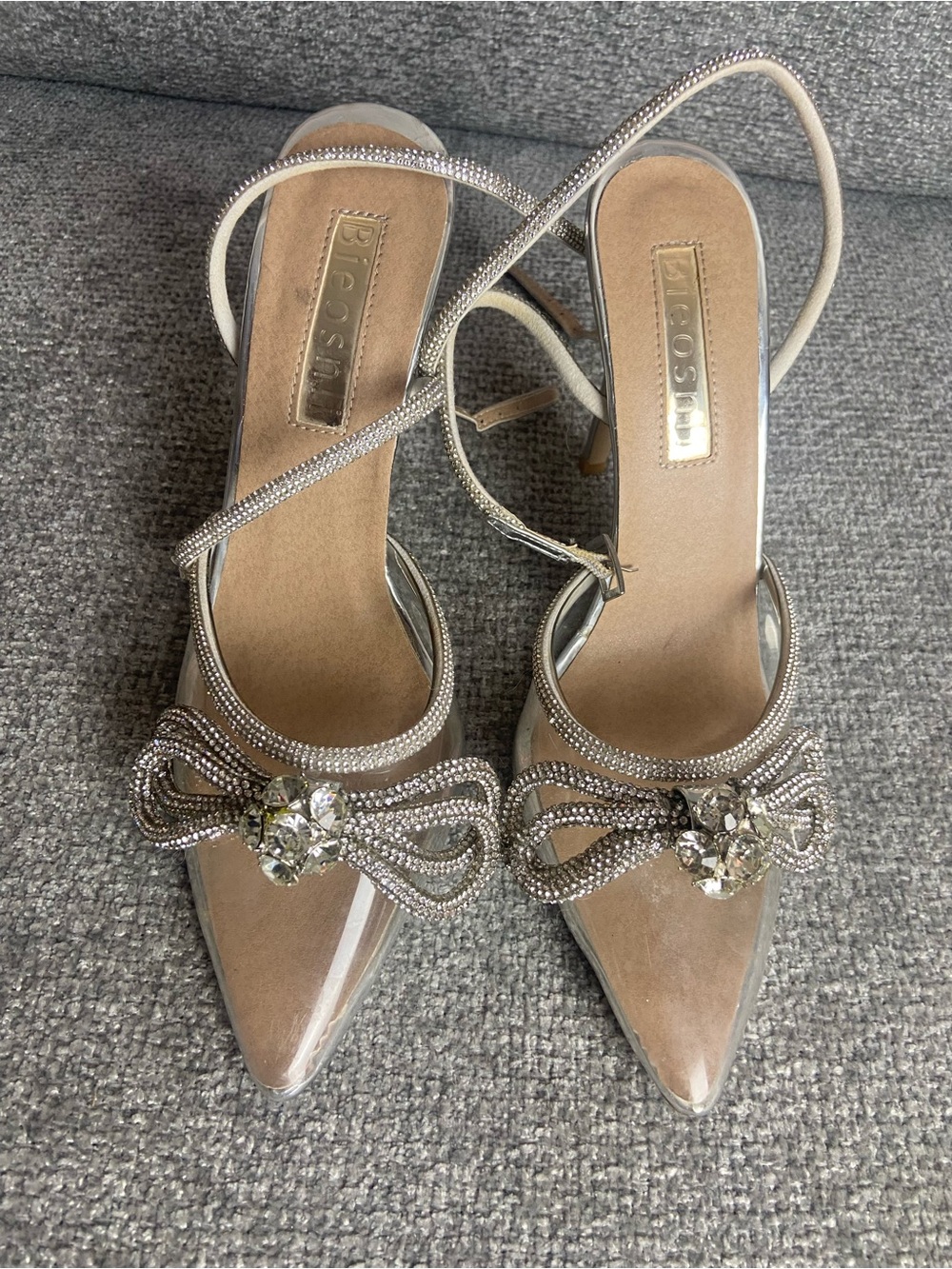 Bieosnli Crystal Bow Silver Pointed Slingback Heels size 7